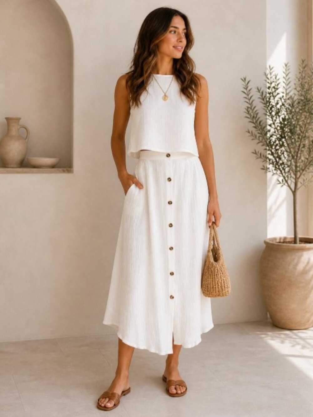 White Two-Piece Set Button Midi Skirt & Sleeveless Top | Effortless Summer Chic